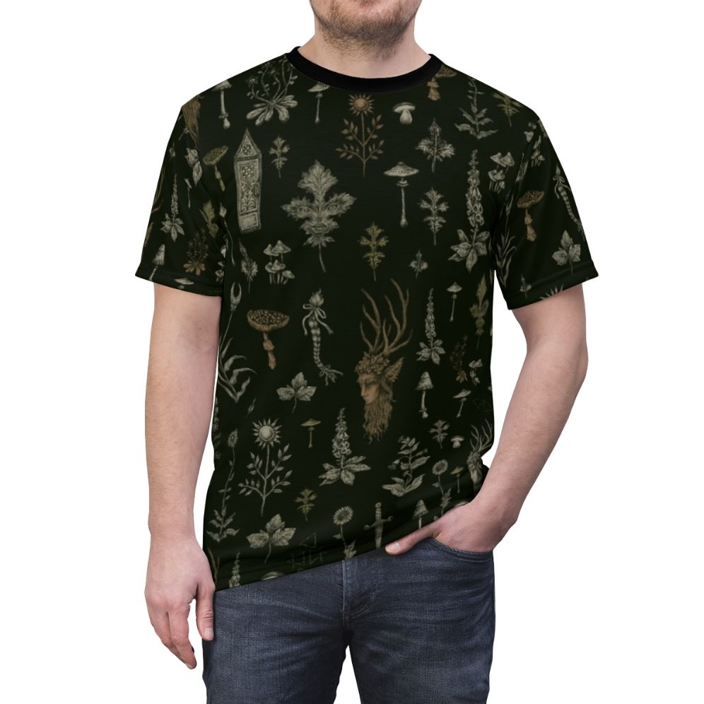 Illustration of a forest guardian figure surrounded by nature elements like deer, trees, mushrooms, and magical symbols. - men front