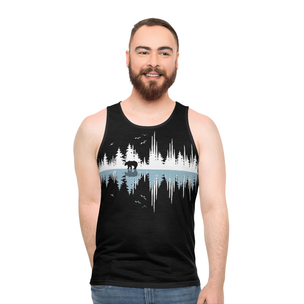 Minimalist nature music sound wave design on a unisex tank top - men