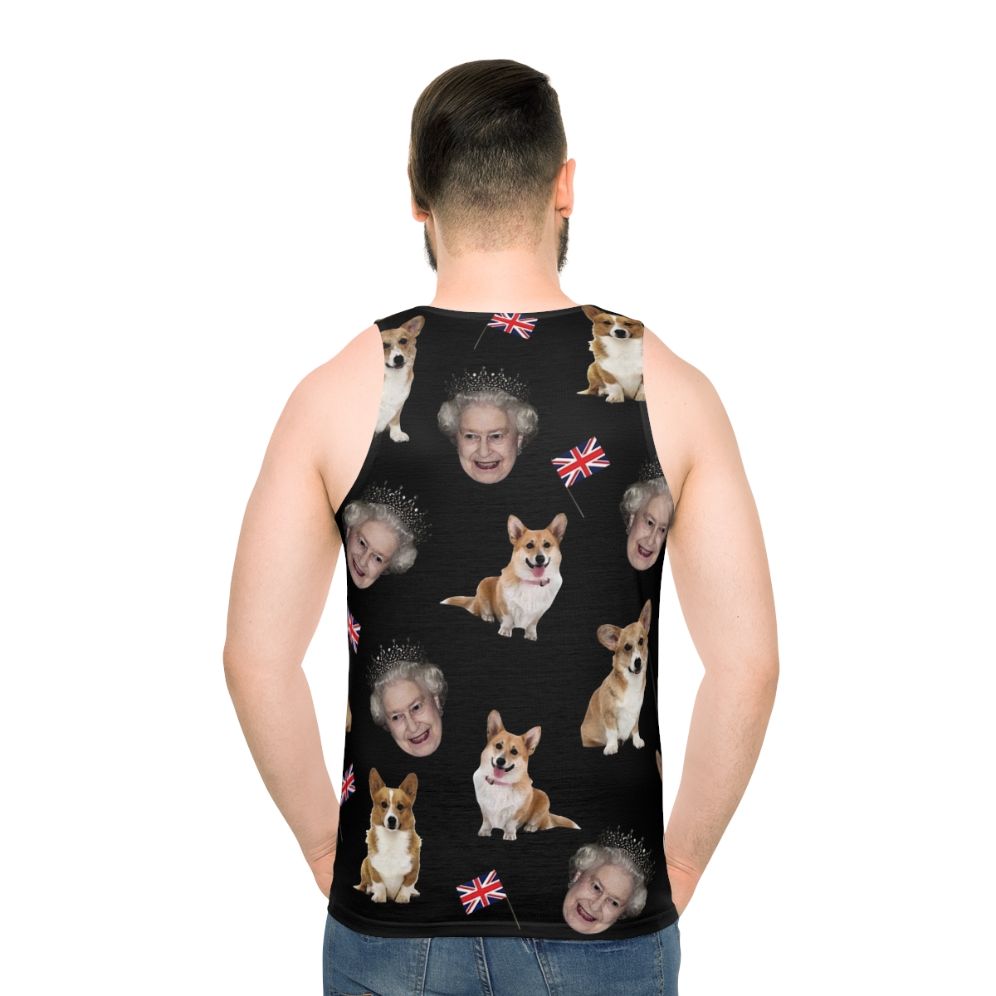 Unisex tank top featuring a pattern design of Queen Elizabeth and her corgis - men back