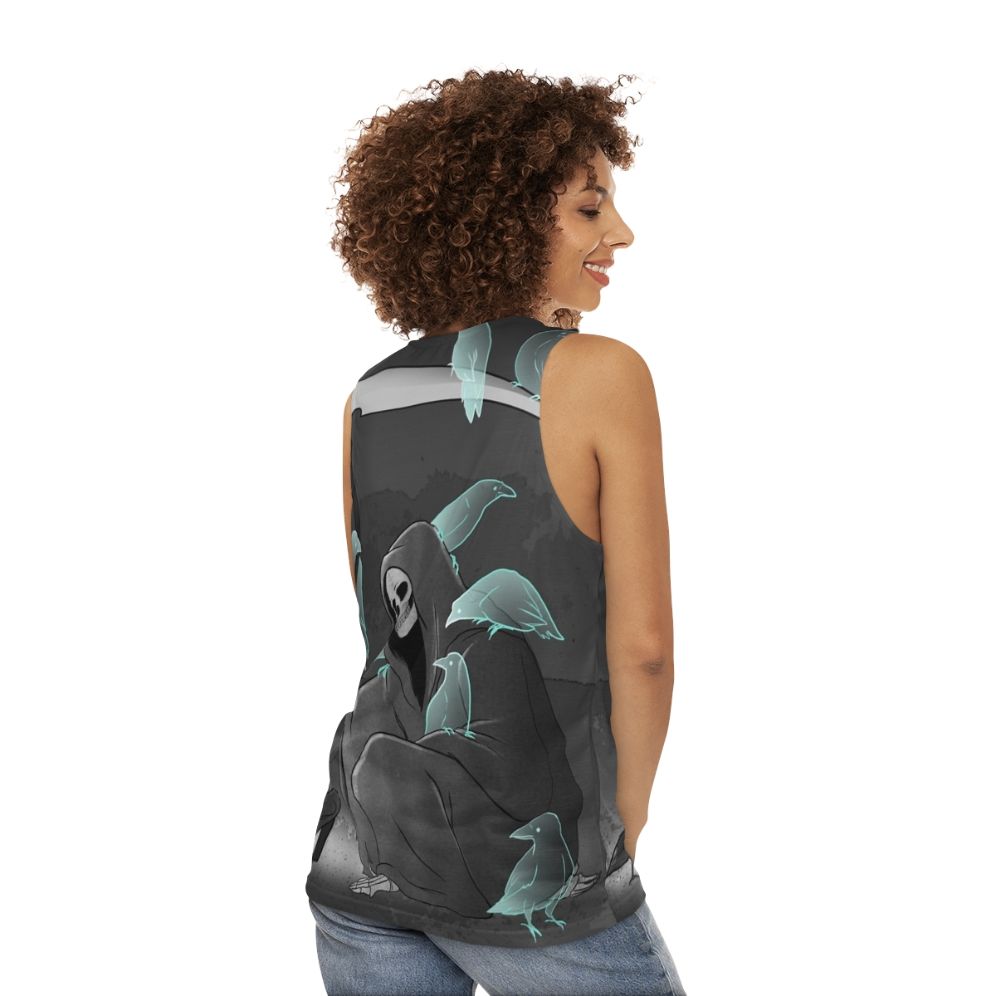 Unisex tank top with a dark gothic design featuring crows and a reaper - women back