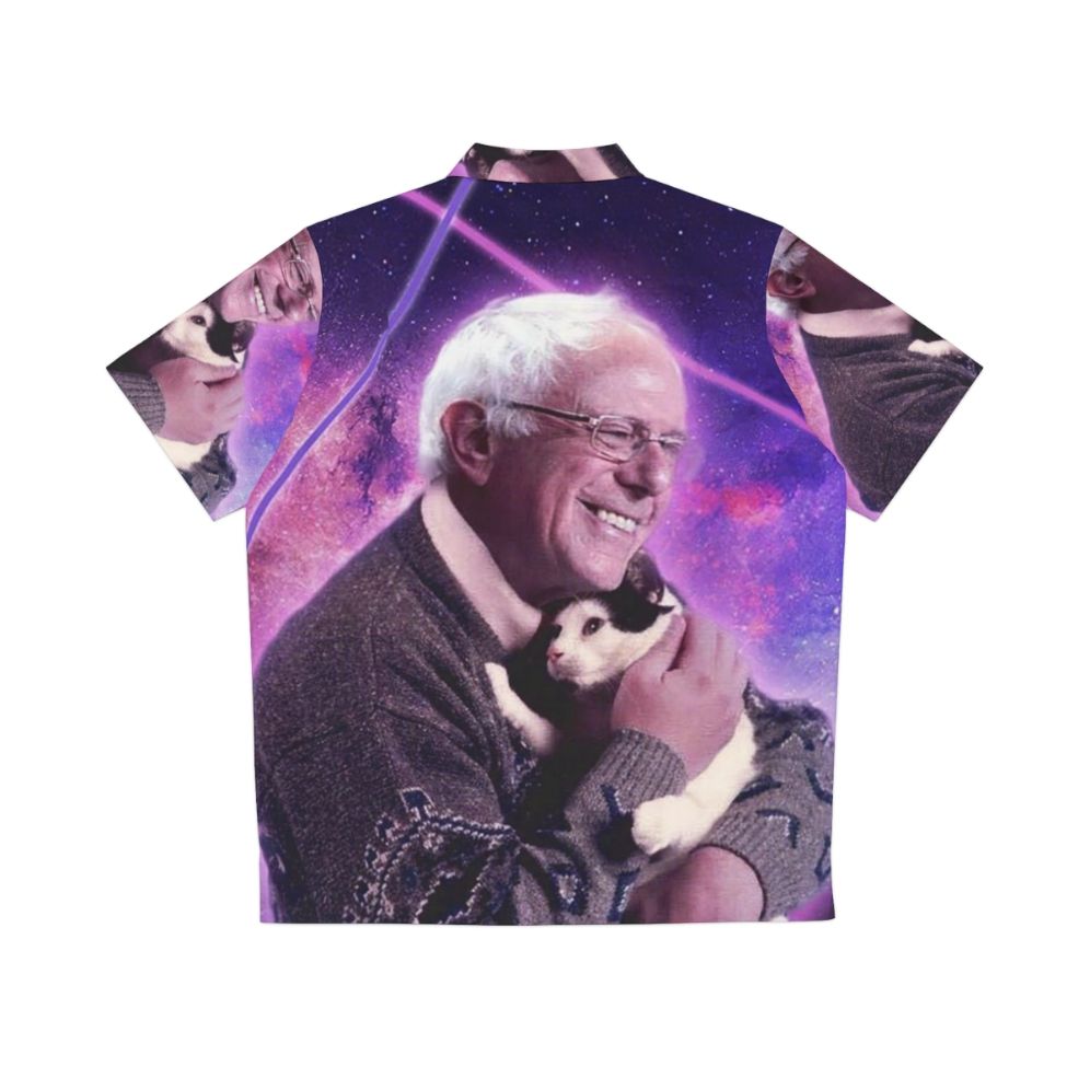 Halftone print of a cat in space on a Bernie Sanders Hawaiian shirt - Back