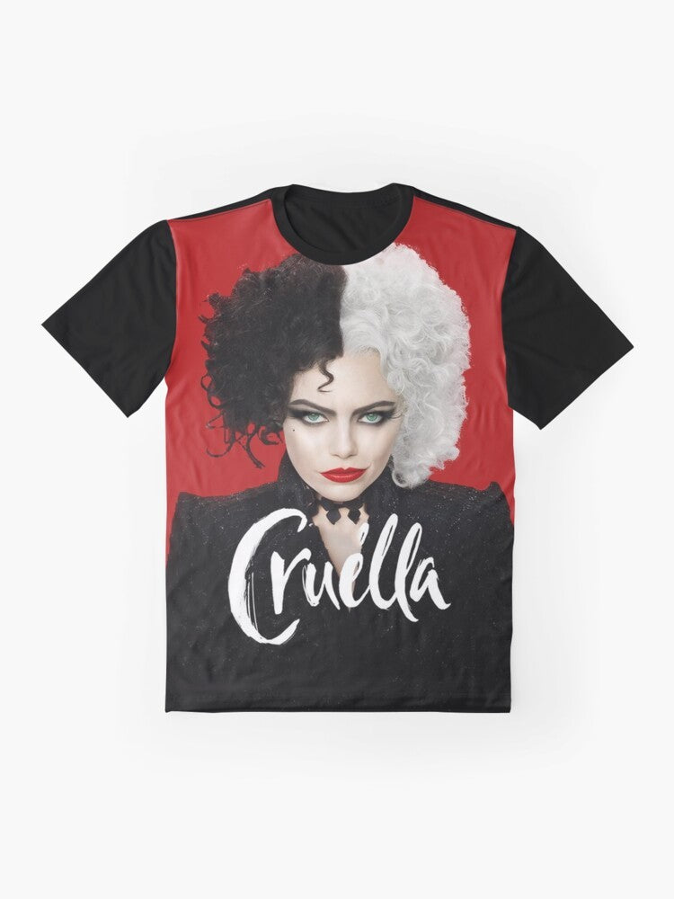 Cruella De Vil graphic t-shirt featuring the iconic character from the Cruella movie prequel - Flat lay