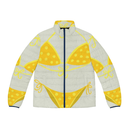 A yellow puffer jacket adorned with a retro-style polka dot bikini pattern