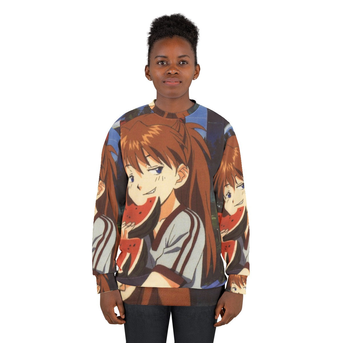 Smug anime sweatshirt with Evangelion inspired watermelon design - women