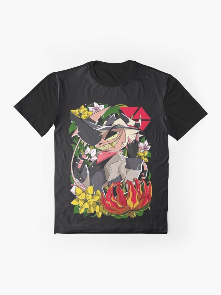 A graphic t-shirt featuring the character Striker from the popular anime/manga series Helluva Boss. - Flat lay