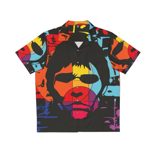 Ian Brown wearing a colorful Hawaiian shirt featuring pop art designs