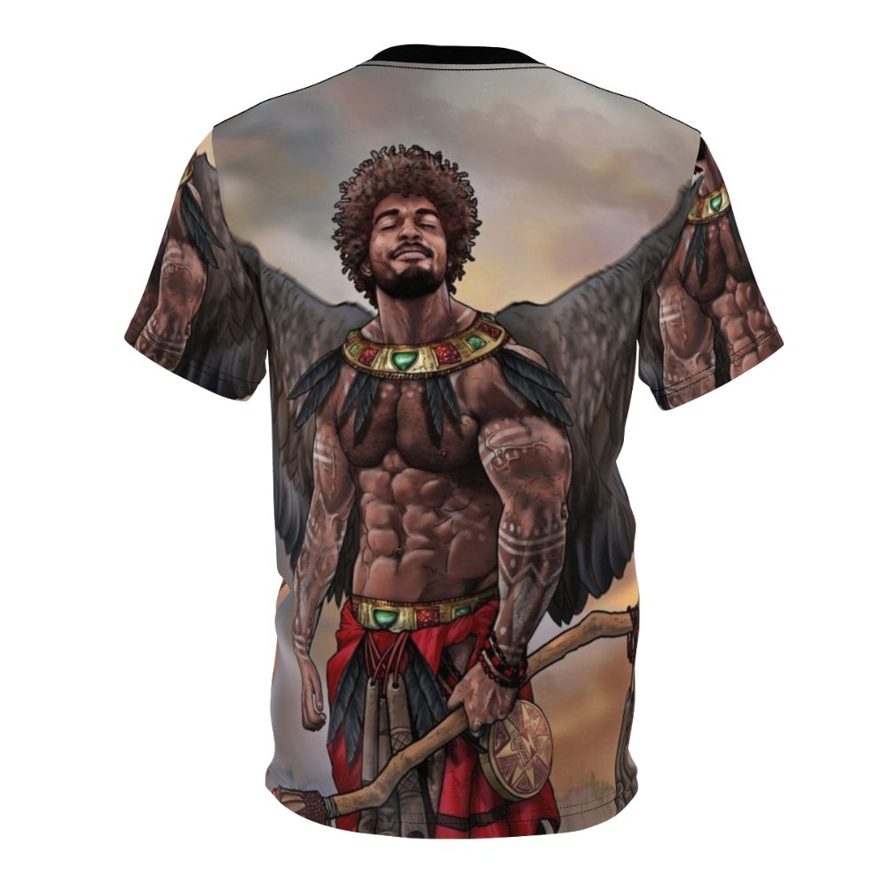 Eshu AOP T-shirt featuring a vibrant, homoerotic illustration of two muscular, gay male figures. - Back