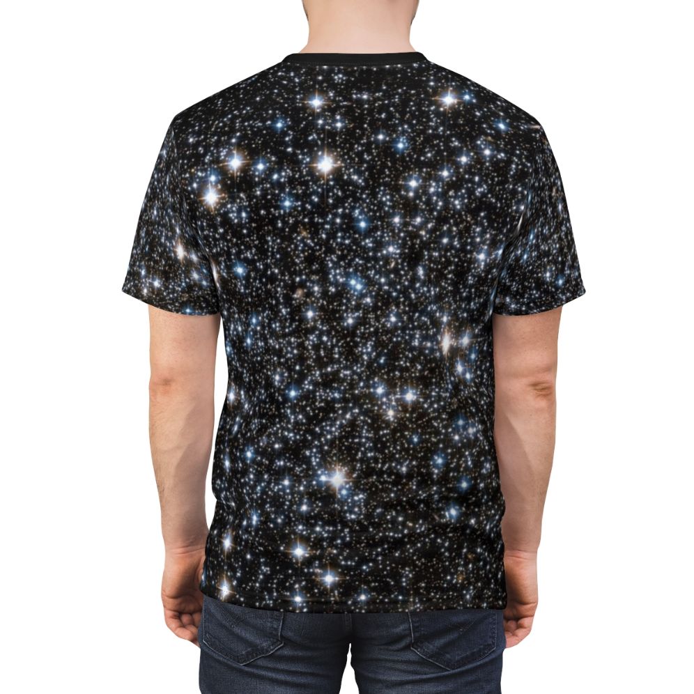 Glitter galaxy space and astronomy themed t-shirt design featuring stars, nebulae, and constellations. - men back