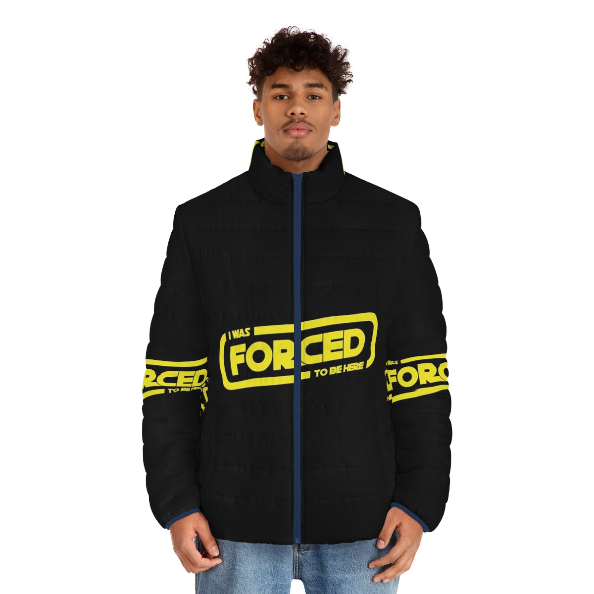 Star Wars-themed puffer jacket with "I Was Forced To Be Here" design - men front