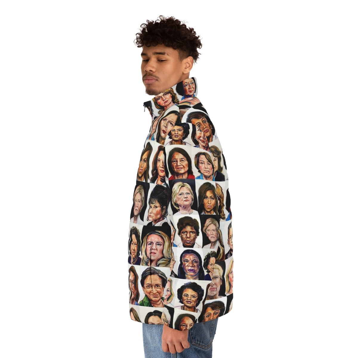 Sheroes 2020 Puffer Jacket with "Feminist" and "Democrat" tags - men side left