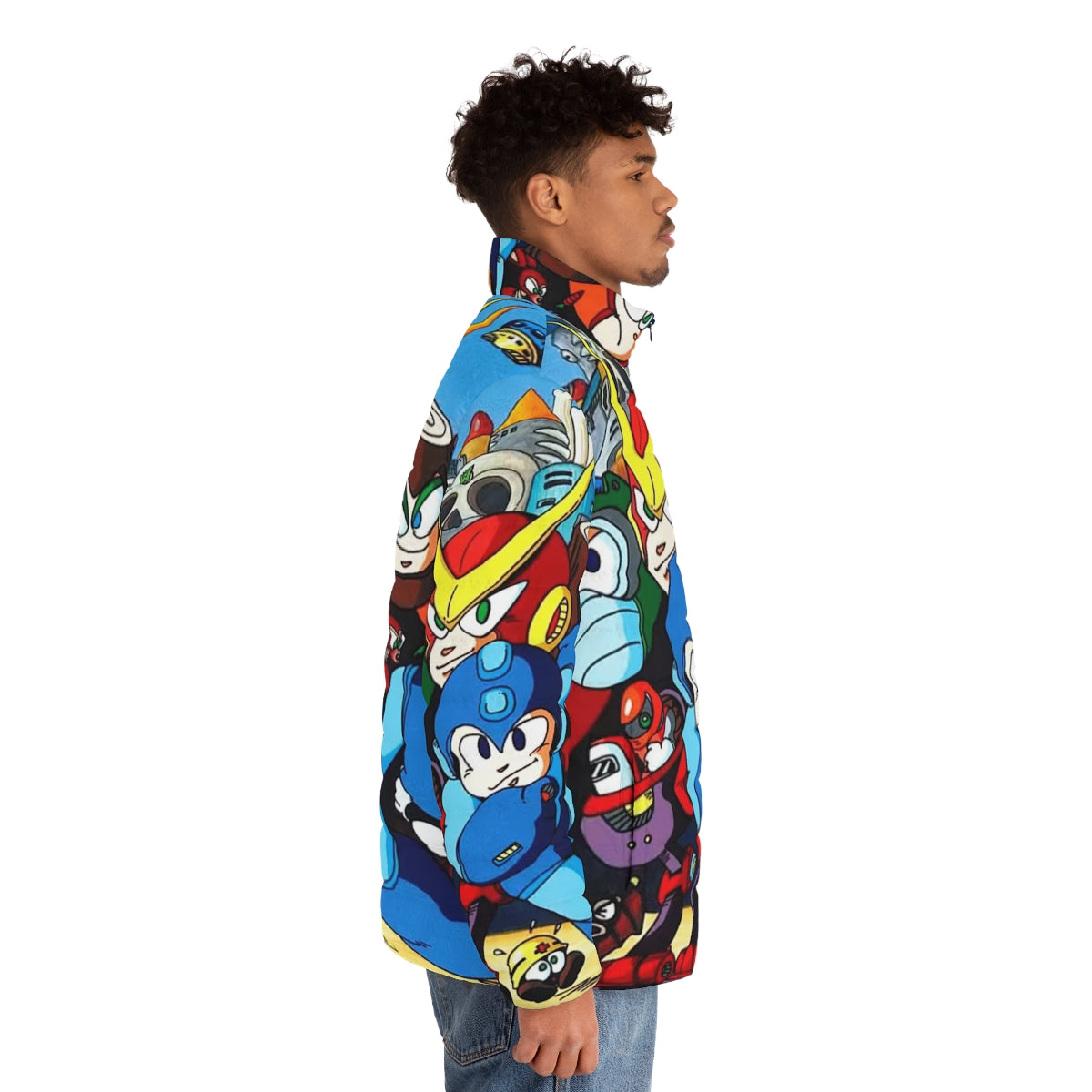 Mega Man 2 inspired puffer jacket with retro video game graphics - men side right