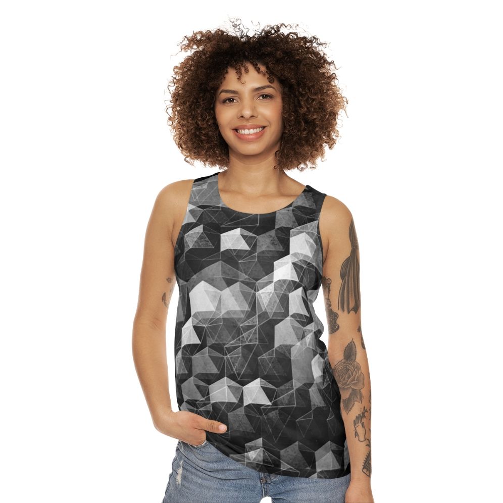 Monochrome geometric unisex tank top with abstract curtain falls design - women