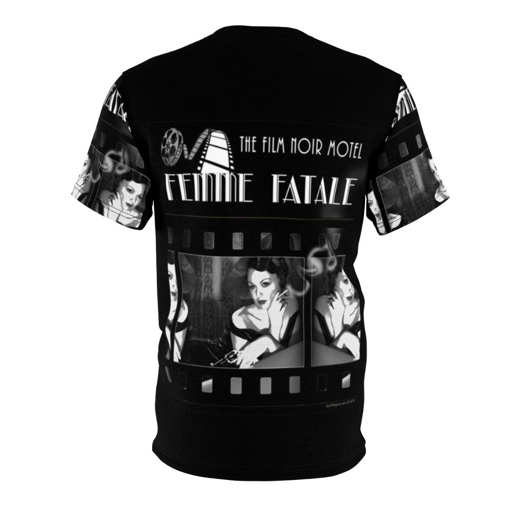 Model wearing a t-shirt with a film noir inspired design featuring a femme fatale character - Back