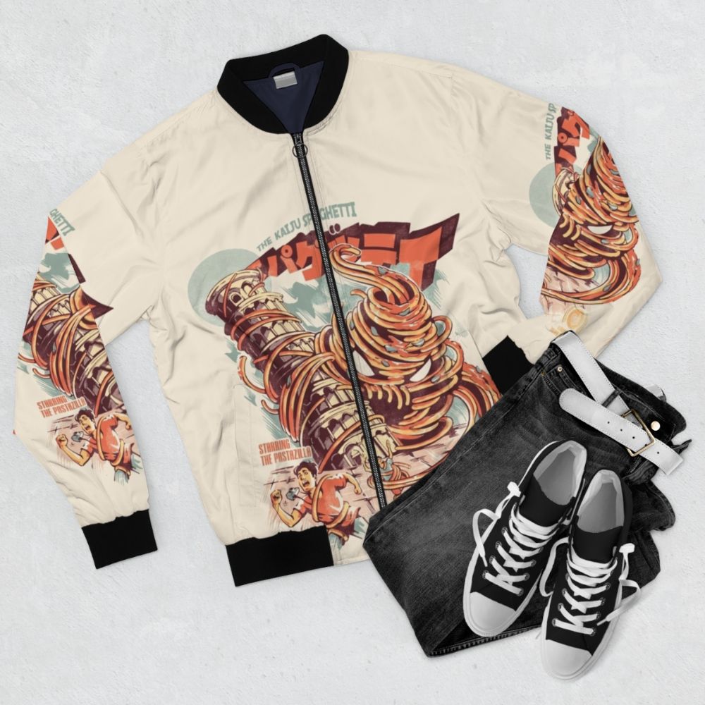 A retro-inspired bomber jacket featuring a graphic of a spaghetti monster, or "kaiju". - Flat lay