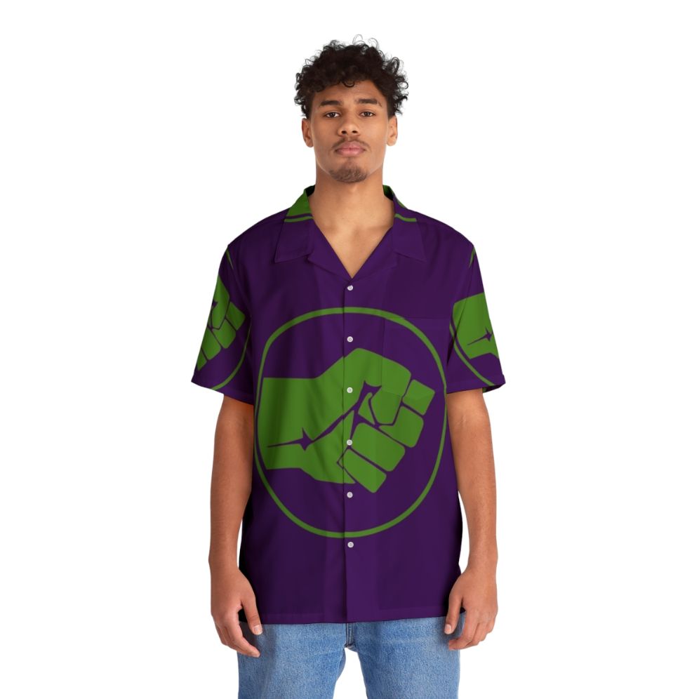 Green Hawaiian shirt with Hulk smash fist logo - People Front