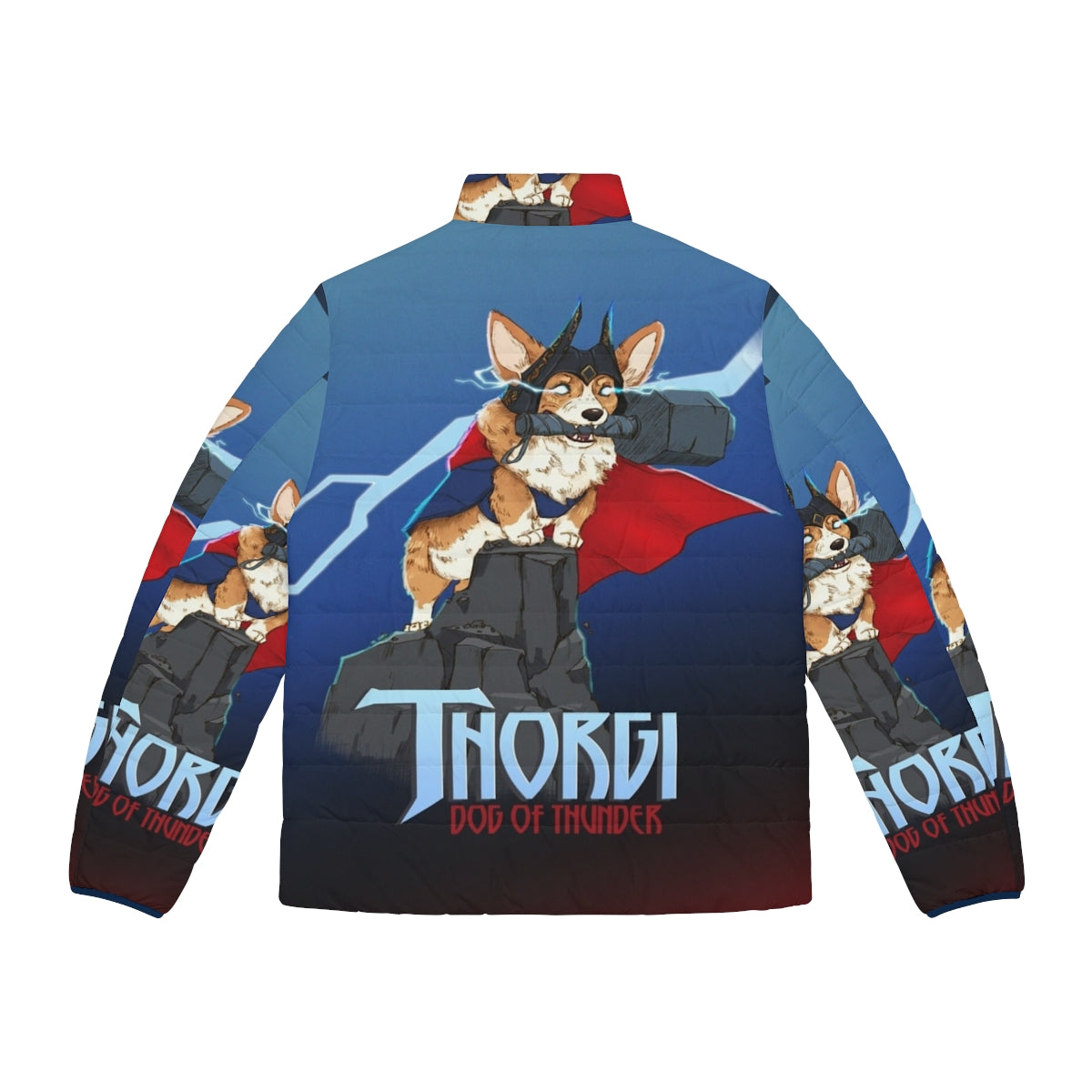 Thorgi Dog of Thunder Puffer Jacket - Cute Corgi Wearing Nordic-Inspired Thor Dog Clothing - Back