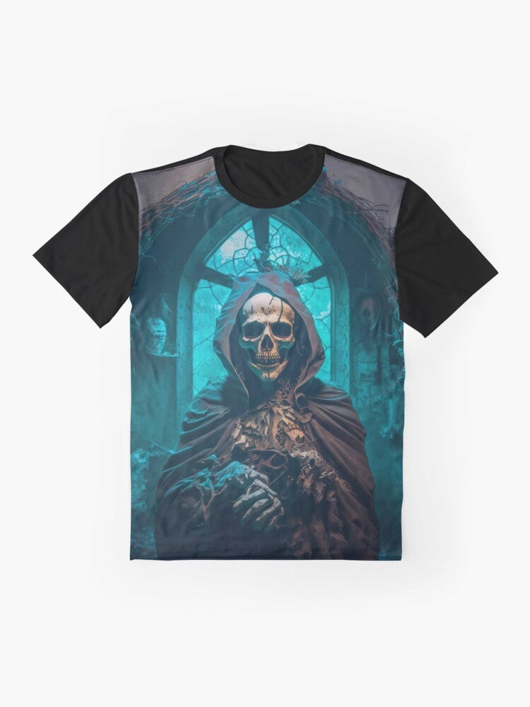 Gothic skeleton skull priest in a dark church graphic t-shirt design - Flat lay