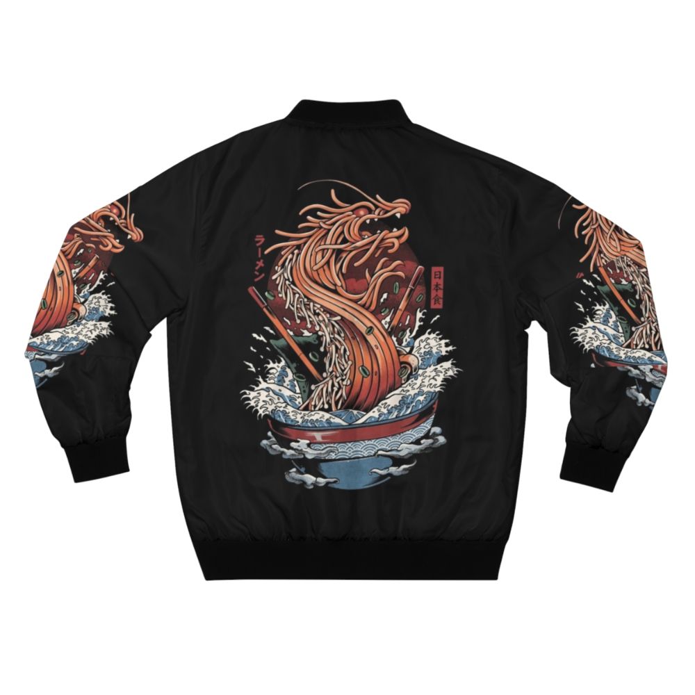 Vibrant illustration of a dragon emerging from a ramen bowl on a bomber jacket - Back