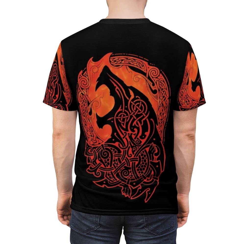 Fenrir, the mighty mythical wolf from Norse mythology, featured on an all-over print t-shirt design. - men back