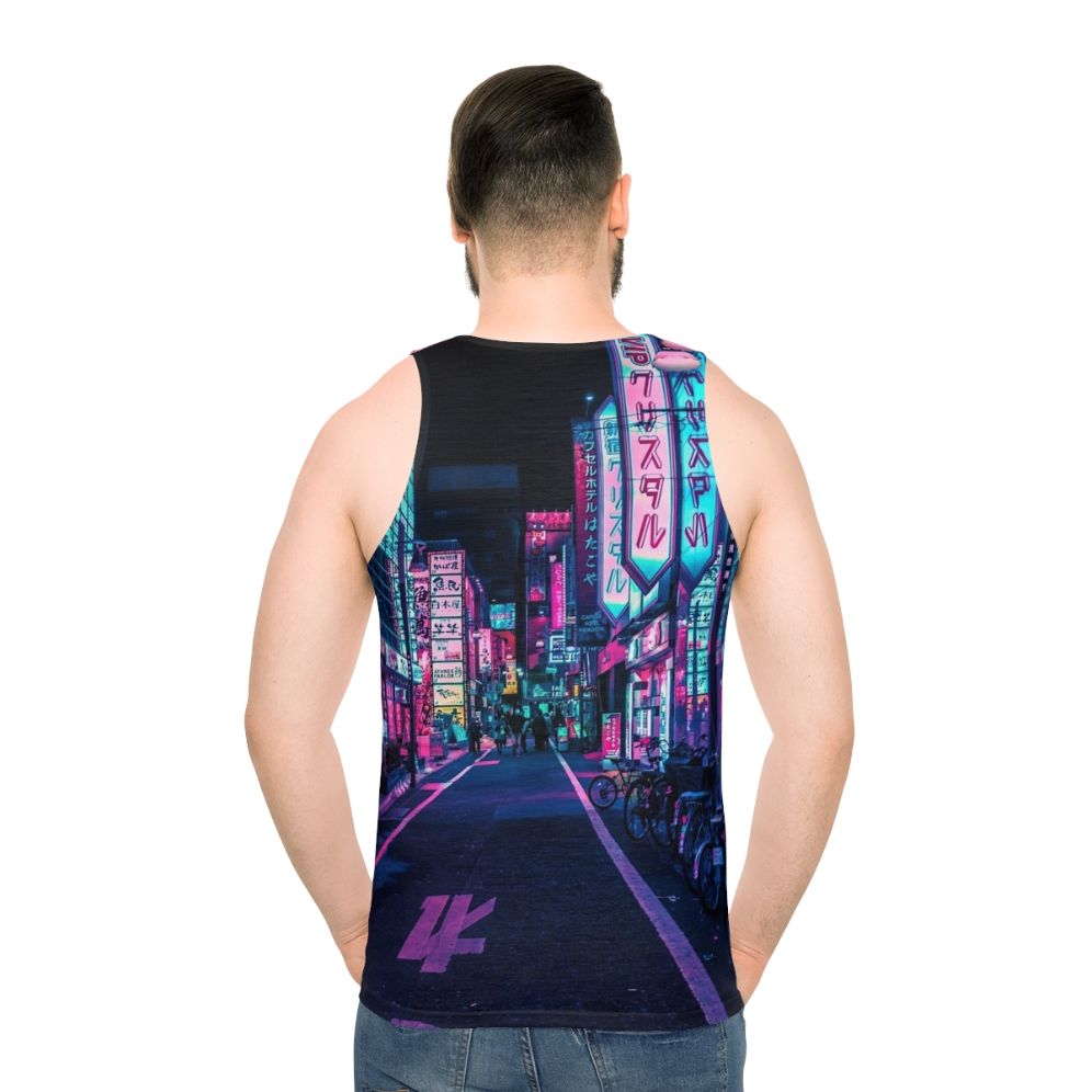 Futuristic neon unisex tank top with Japanese streetwear design - men back