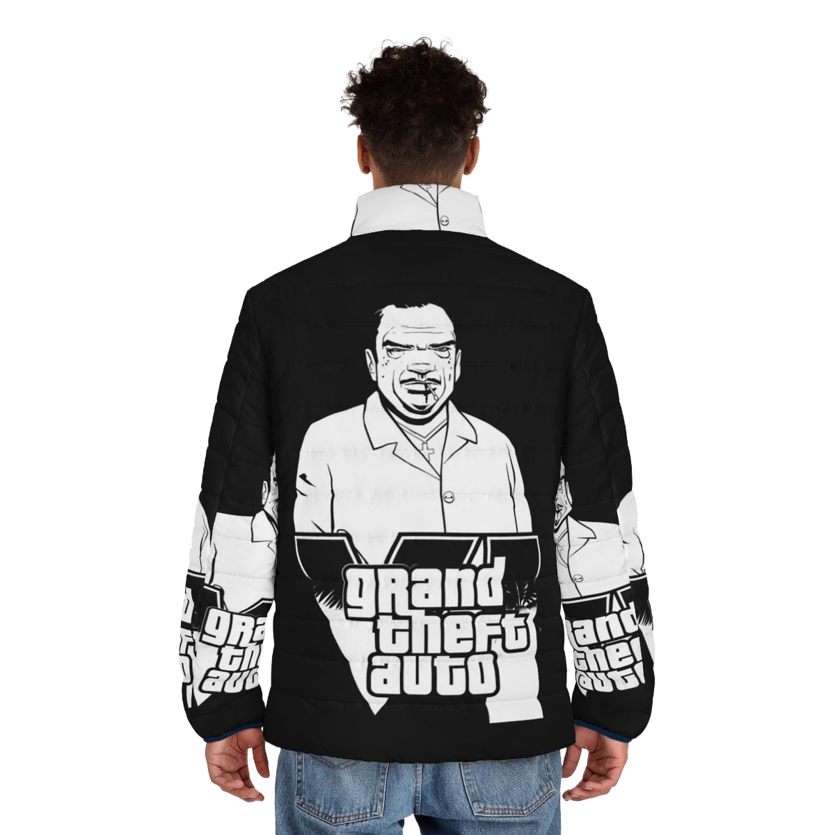 Grand Theft Auto Puffer Jacket featuring classic GTA gaming design - men back