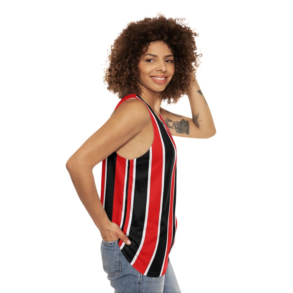 Red, white, and black striped unisex tank top - women side