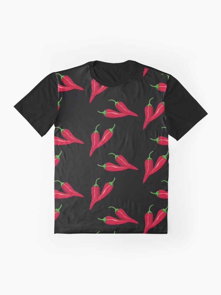 Vibrant red chili peppers in a modern, asymmetric pattern on a black background - Flat lay