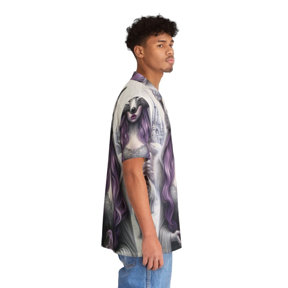 "Castle in the Sky" Hawaiian Shirt featuring a whimsical fantasy landscape with wolves, snow, and a castle - People Pight