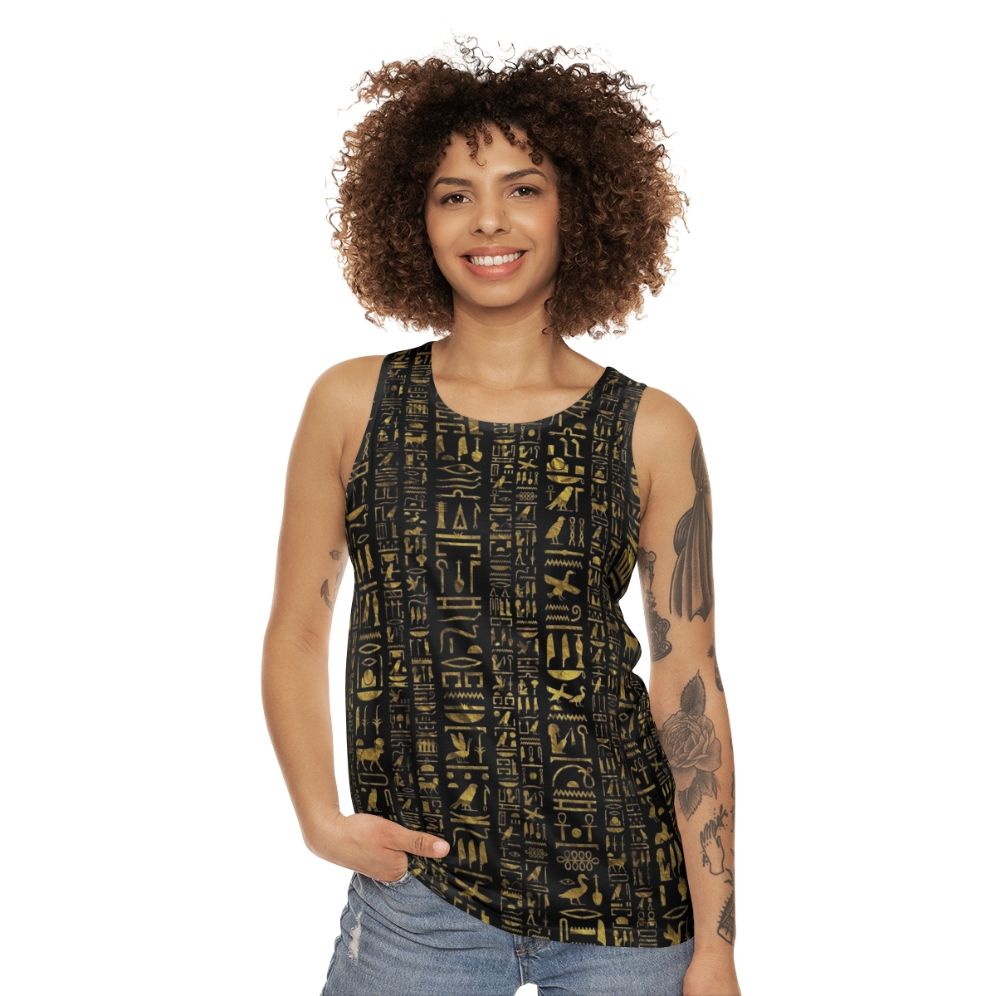 Vintage hieroglyphic unisex tank top with ancient Egyptian design - women