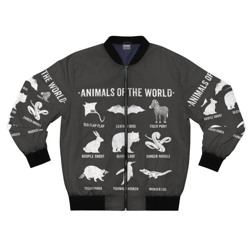 Vintage bomber jacket featuring designs of funny and rare animals from around the world, including bats, bears, crocodiles, and more.