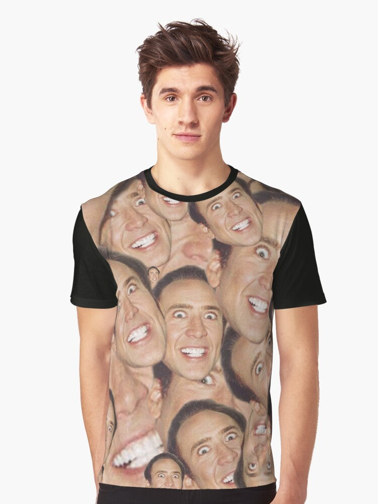 A unique graphic t-shirt featuring a collage of images of actor Nicolas Cage with his signature smile and creepy expressions. - Men