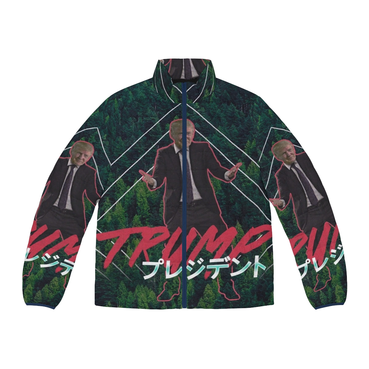 Vaporwave Trump Puffer Jacket with Retro 80s Aesthetic