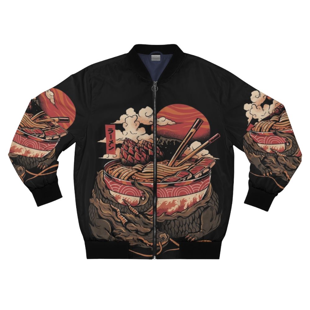 A stylish bomber jacket featuring a dragon and ramen bowl design, perfect for Japanese food lovers.