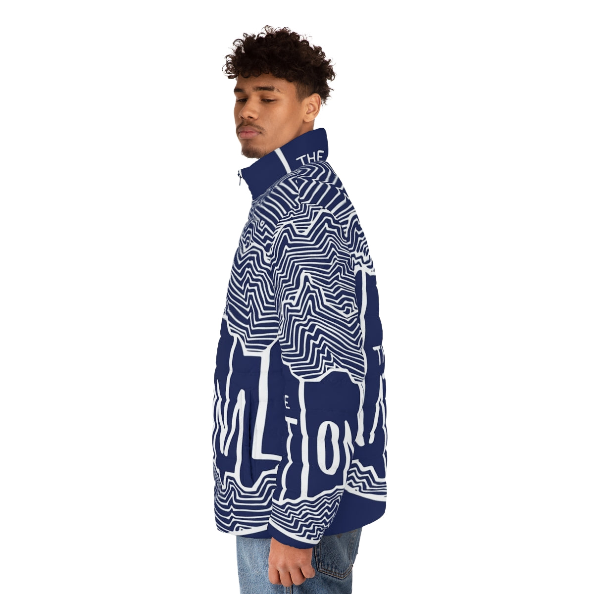 The National Puffer Jacket with hand-drawn line art design - men side left