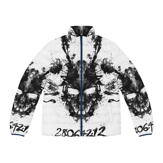 Donnie Darko inspired inkblot puffer jacket with a vintage, retro graphic design