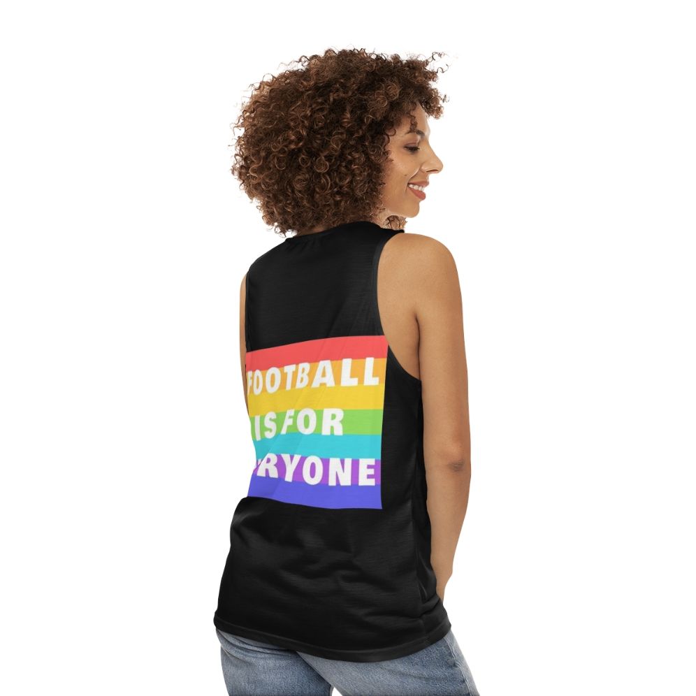 Unisex football tank top with "Football Is For Everyone" graphic - women back