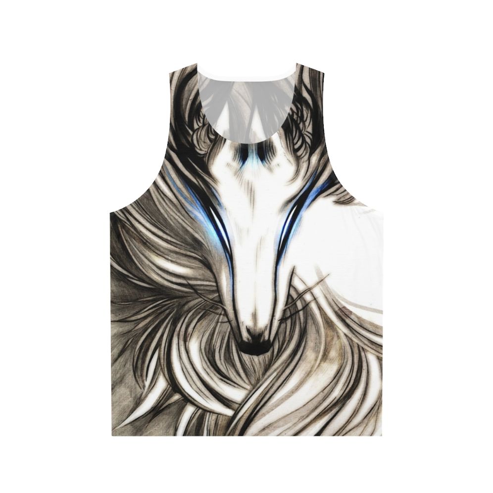 Winter wolf illustration on black and white unisex tank top