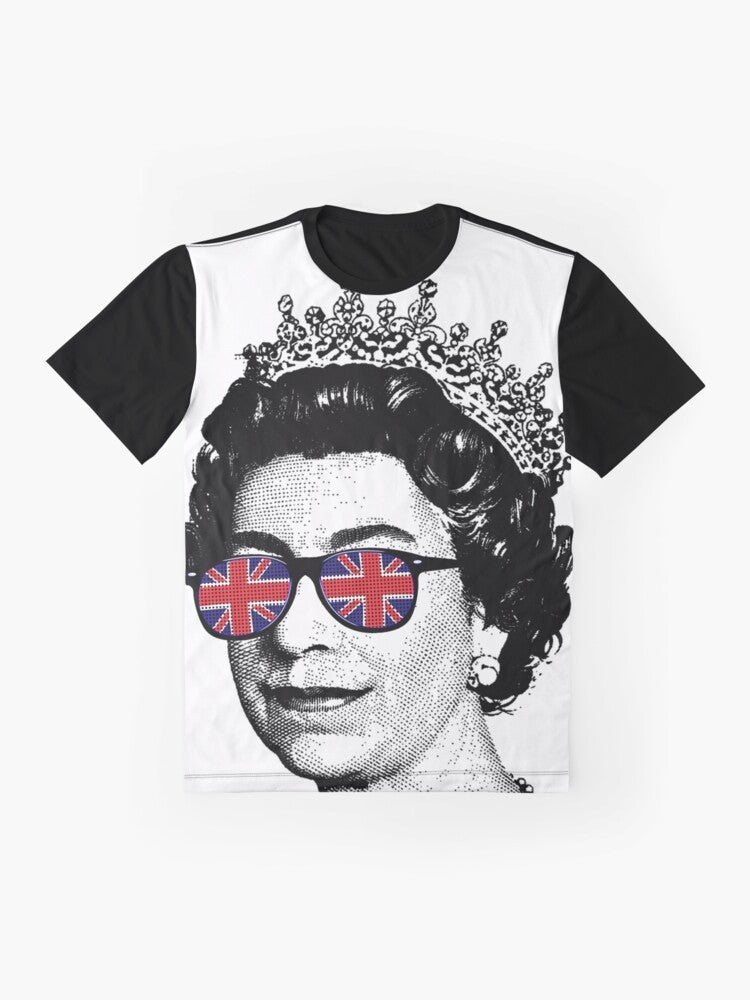 Queen's Platinum Jubilee Union Jack Graphic T-Shirt with Sunglasses and British Flag - Flat lay