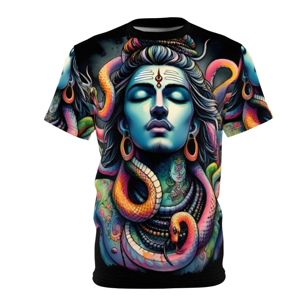 Vibrant Lord Shiva t-shirt with coiled snakes, representing the Hindu god's power and mysticism