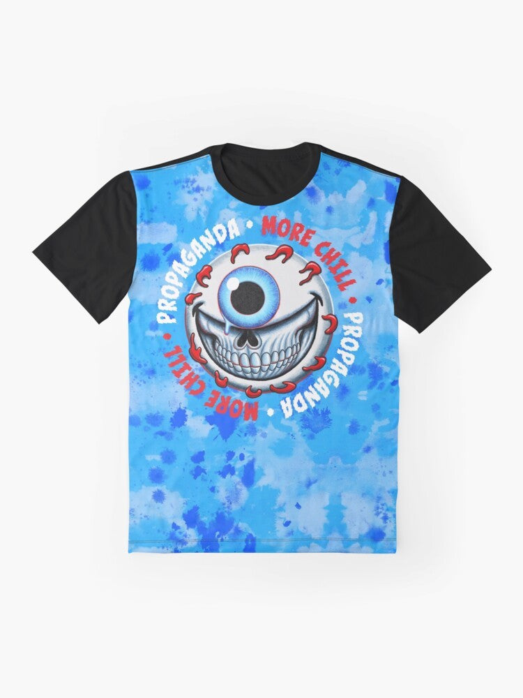 Chill Goranski Graphic T-Shirt featuring a crazy grinning eyeball design, inspired by the More Chill musical - Flat lay