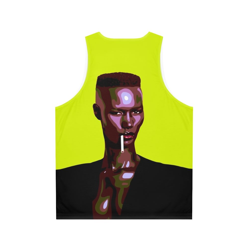 Iconic 80s leatherette tank top with stylized pop art portrait - Back