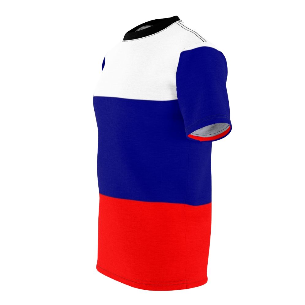 Vibrant Russian tricolor flag printed on a high-quality t-shirt - men left