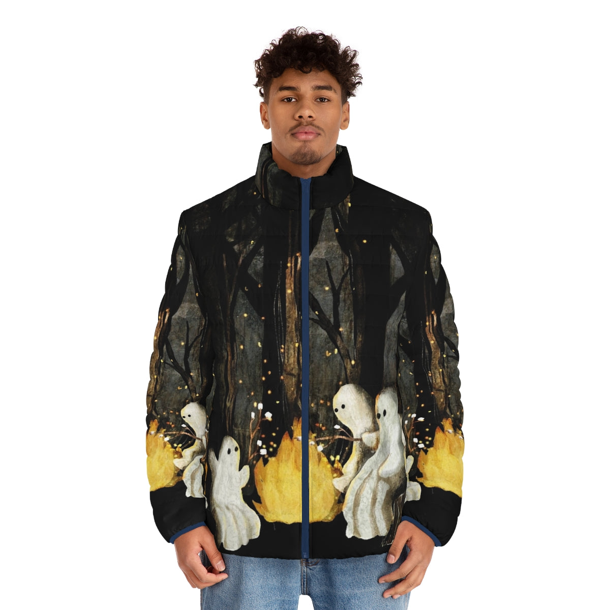 A cozy and whimsical puffer jacket featuring marshmallows and ghost stories for a spooky campfire experience - men front