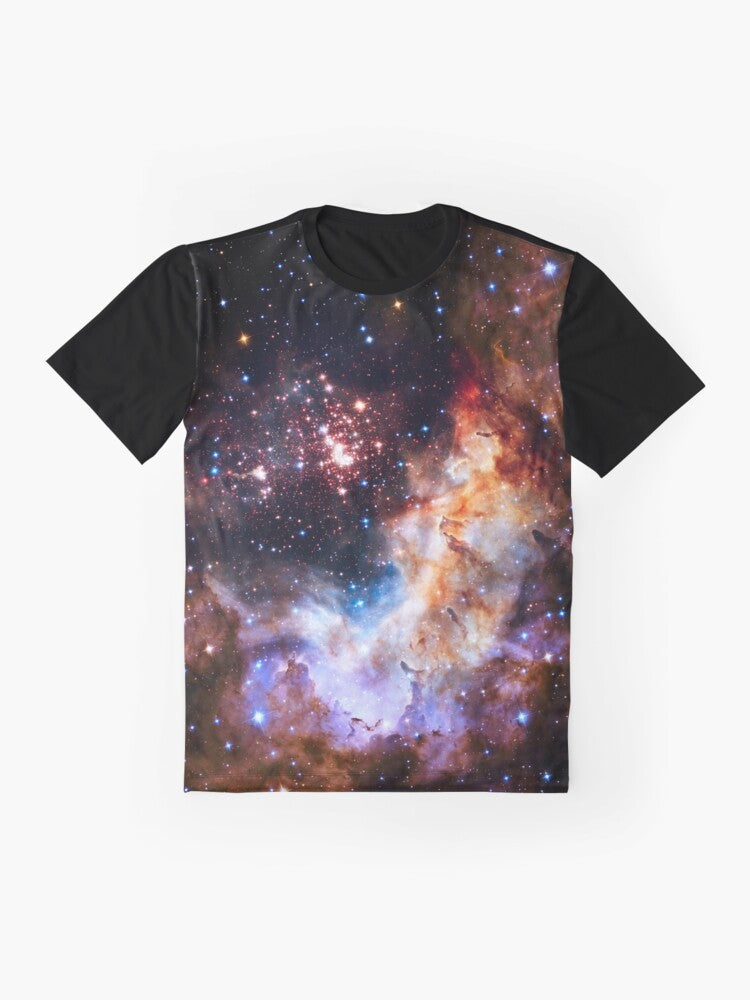 Graphic t-shirt featuring the Westerlund 2 nebula, a stunning cosmic formation in the galaxy - Flat lay