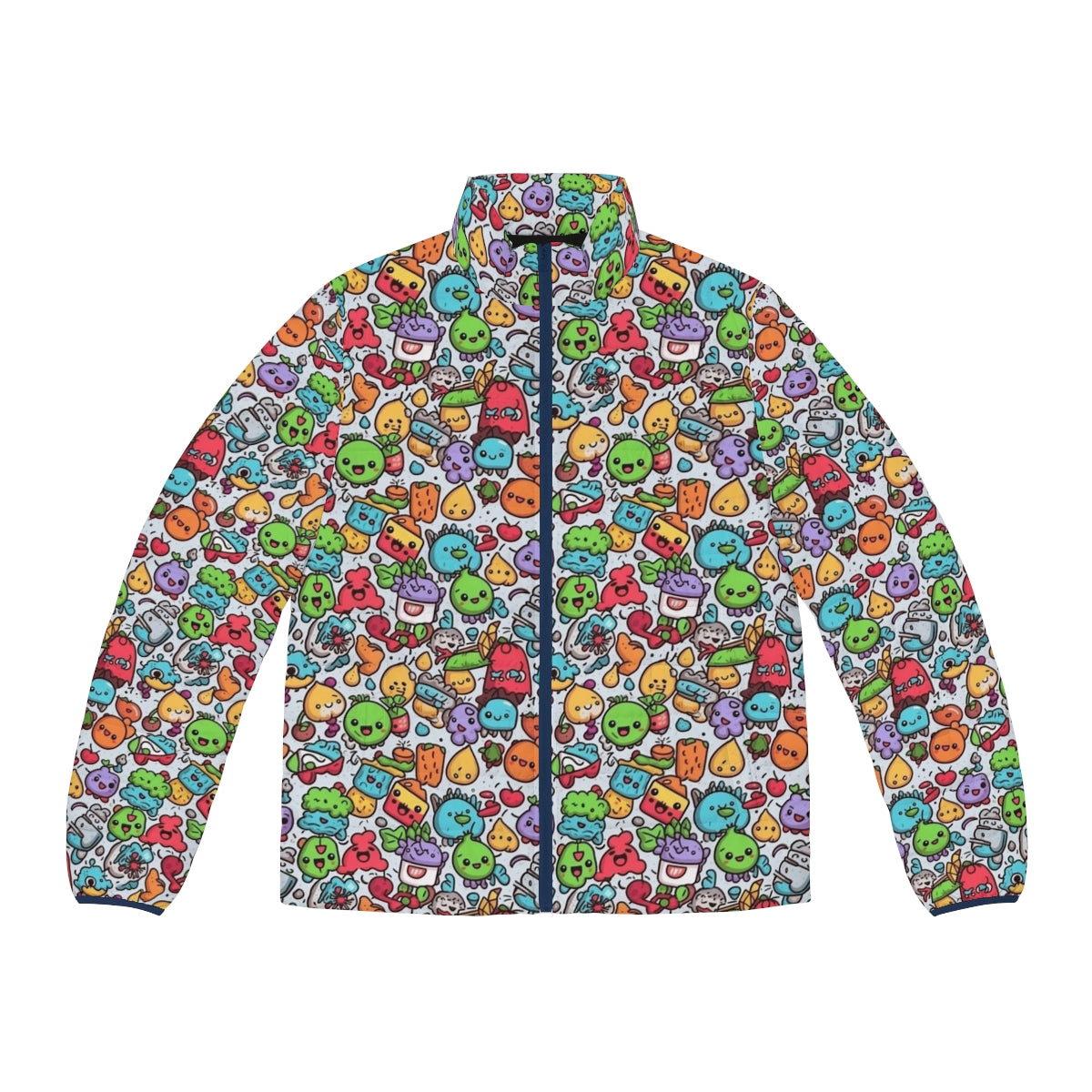 Hobbies puffer jacket with vibrant cartoon graphics of pineapple, snacks, and zoo animals