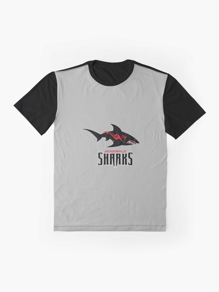 Graphic t-shirt featuring the Jacksonville Sharks sports logo - Flat lay