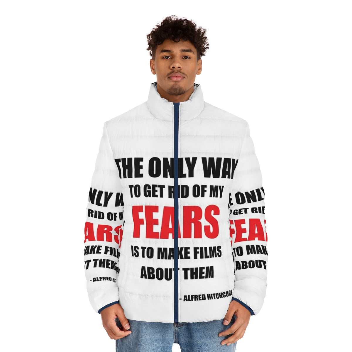 Alfred Hitchcock Quote Puffer Jacket featuring famous horror movie director's iconic quotes - men front