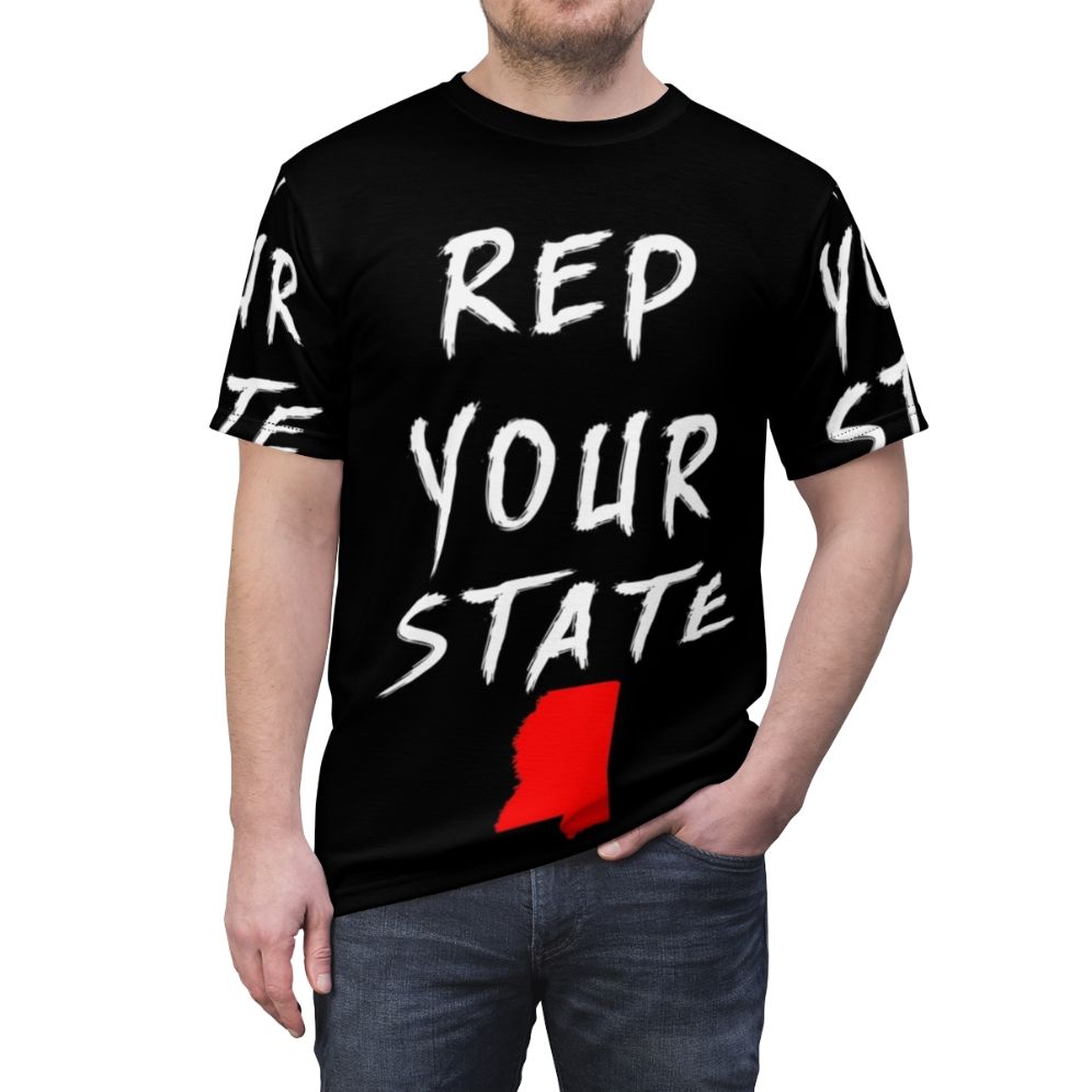 A vibrant all-over-print t-shirt featuring the state of Mississippi and a graphic design - men front