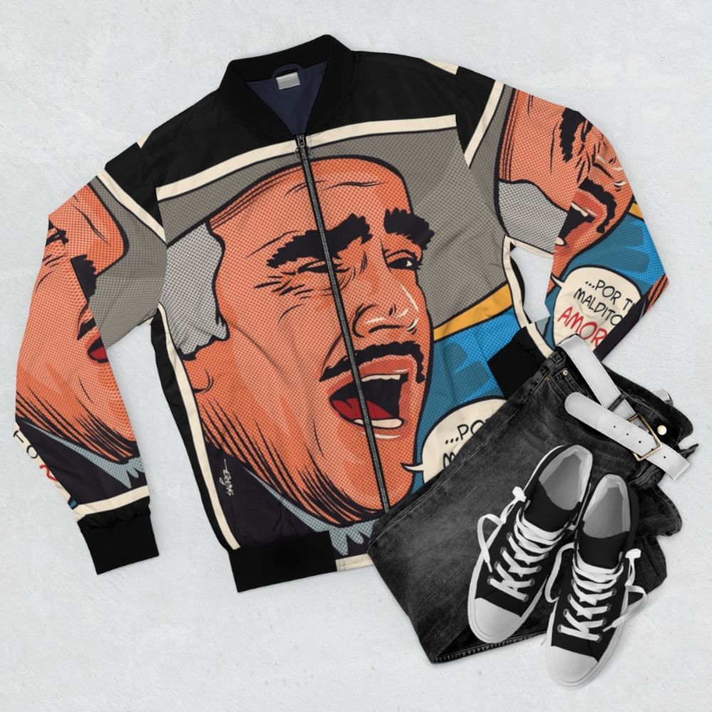 Vicente Fernandez, the iconic Mexican singer, wearing a bomber jacket with charro and mariachi design elements. - Flat lay