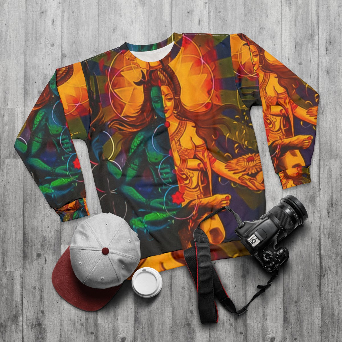 Hindu God Shiva and Goddess Parvati Spiritual Sweatshirt - flat lay